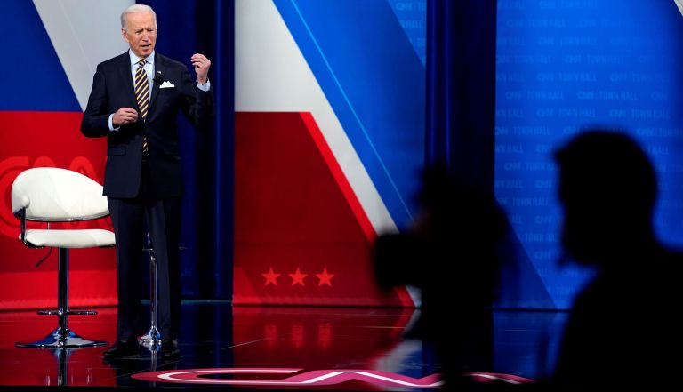President Joe Biden talks during a televised town hall event at Pabst Theater, Tuesday, Feb. 16, 2021, in Milwaukee.