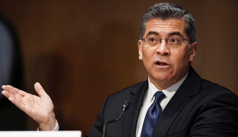 Xavier Becerra testifies during a Senate Finance Committee hearing on his nomination to be secretary of Health and Human Services on Capitol Hill in Washington, Wednesday, Feb. 24, 2021.