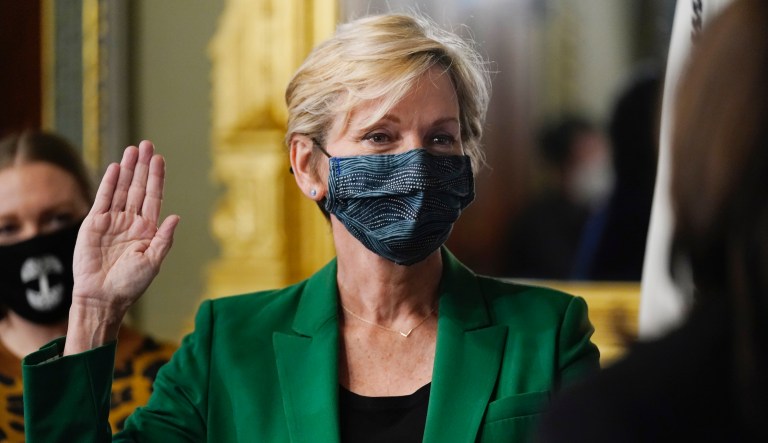 Former Michigan Governor Jennifer Granholm is is sworn in as Energy Secretary by Vice President Kamala Harris in the Old Executive Office Building in the White House complex in Washington, Thursday, Feb. 25, 2021.