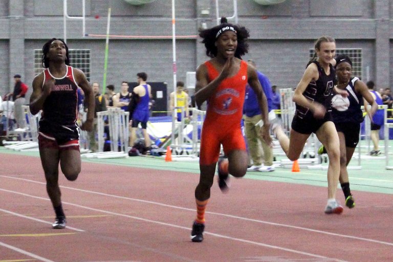 Bloomfield High School transgender athlete Terry Miller, second from left, wins the final of the 55-meter dash over transgender athlete Andraya Yearwood, left, and other runners in the Connecticut girls Class S indoor track meet at Hillhouse High School in New Haven, Conn. (AP Photo/Pat Eaton-Robb, File)