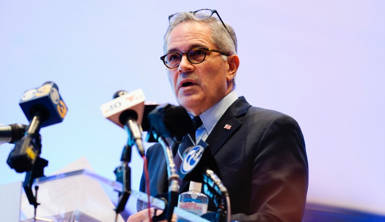 Philadelphia District Attorney Larry Krasner speaks during a news conference in Philadelphia, Monday, March 1, 2021.