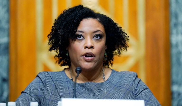 Shalanda Young testifies during a Senate Budget Committee hearing to examine her nomination to be Deputy Director of the Office of Management and Budget on Capitol Hill in Washington, Tuesday, March 2, 2021.