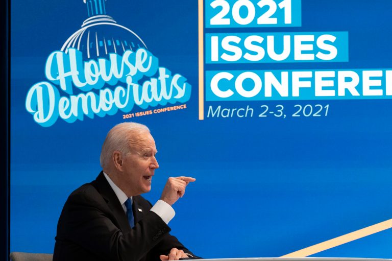 President Joe Biden speaks during a virtual meeting with the House Democratic caucus in the South Court Auditorium of the Eisenhower Executive Office Building, on the White House complex, Wednesday.