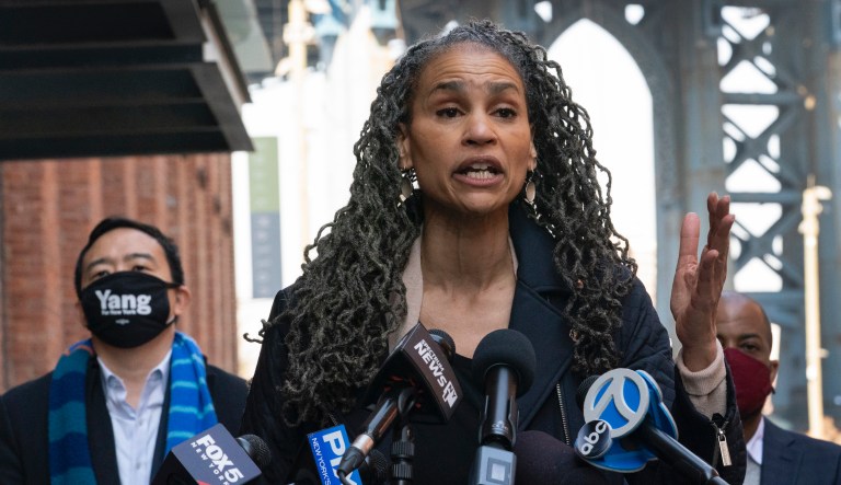 Democratic mayoral candidates Maya Wiley, and Andrew Yang, left, hold a news conference, Thursday, March 11, 2021 in the Dumbo neighborhood of New York.