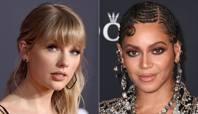 Taylor Swift appears at the American Music Awards in Los Angeles on Nov. 24, 2019, left, and Beyonce appears at the world premiere of 