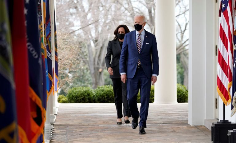 President Joe Biden and Vice President Kamala Harris arrive for their first Rose Garden event but the president has yet to hold a formal press conference.