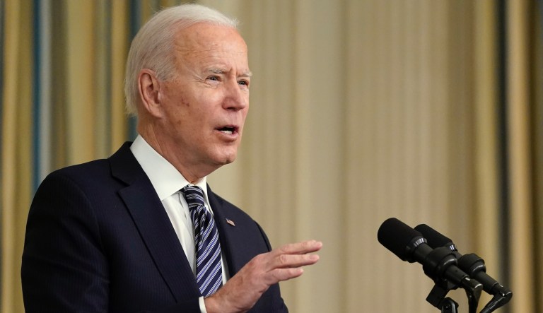 President Joe Biden speaks about the COVID-19 relief package in the State Dining Room of the White House, Monday, March 15, 2021, in Washington.