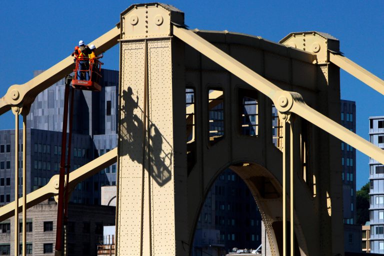 Bridge inspectors check the structural integrity of the Rachel Carson bridge in downtown Pittsburgh.  