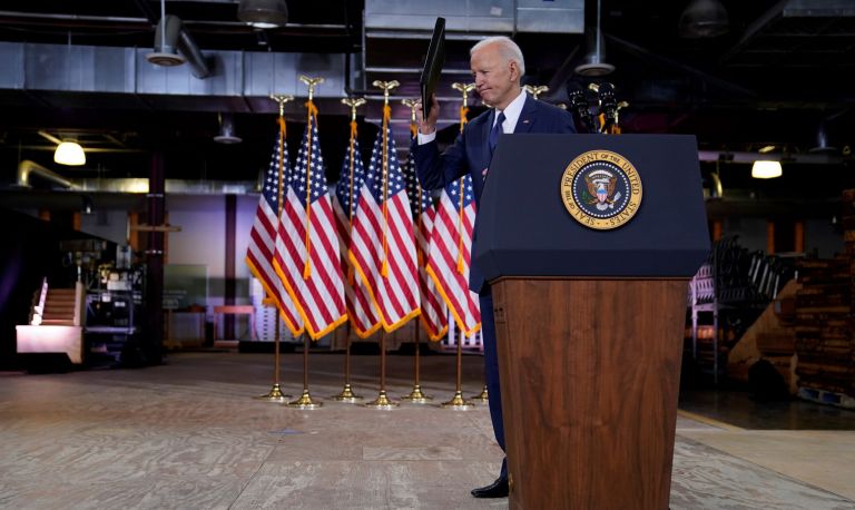 President Joe Biden leaves after speaking about infrastructure spending at Carpenters Pittsburgh Training Center, Wednesday, March 31, 2021, in Pittsburgh.