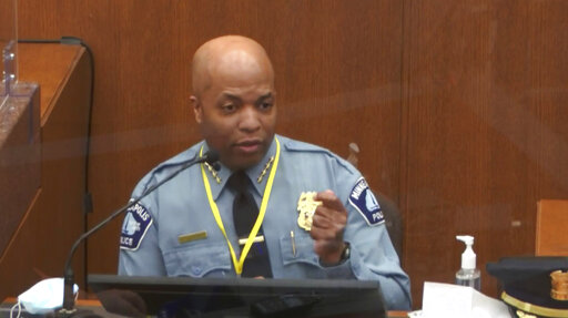 Minneapolis Police Chief Medaria Arradondo testifies as Hennepin County Judge PeterÂ Cahill presides Monday, April 5, 2021, in the trial of former Minneapolis police Officer Derek Chauvin at the Hennepin County Courthouse in Minneapolis. (Court TV via AP, Pool)