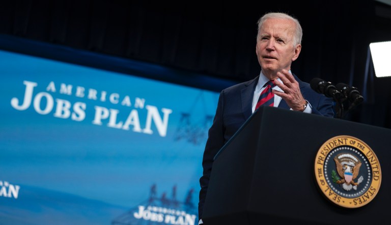 President Joe Biden speaks during an event on the American Jobs Plan in the South Court Auditorium on the White House campus, Wednesday, April 7, 2021, in Washington.