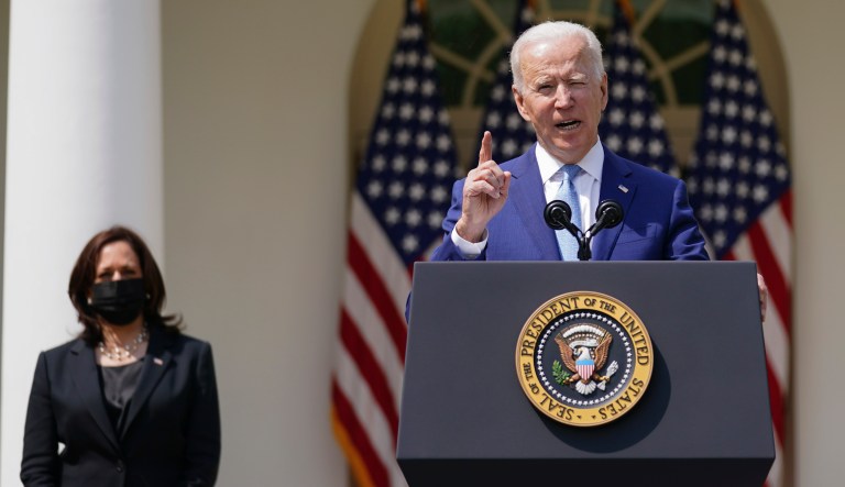President Joe Biden, accompanied by Vice President Kamala Harris, speaks about gun violence prevention in the Rose Garden at the White House, Thursday, April 8, 2021, in Washington.