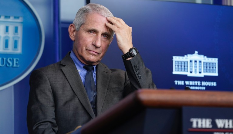 Dr. Anthony Fauci, director of the National Institute of Allergy and Infectious Diseases, listens to a reporter's question during a press briefing at the White House, Tuesday, April 13, 2021, in Washington.