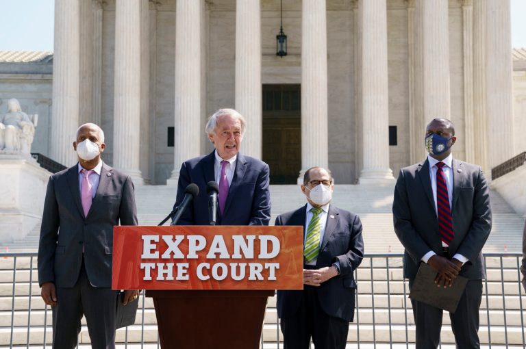 From left, Rep. Hank Johnson, D-Ga., Sen. Ed Markey, D-Mass., House Judiciary Committee Chairman Jerrold Nadler, D-N.Y., and Rep. Mondaire Jones, D-N.Y., hold a news conference outside the Supreme Court to announce legislation to expand the number of seats on the high court, on Capitol Hill in Washington, on  April 15.