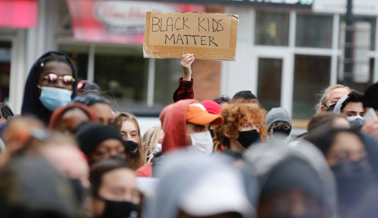 Students gather outside the Ohio Statehouse to protest yesterdayâs shooting of MaâKhia Bryant by Columbus Police Wednesday, April 21, 2021, in Columbus, Ohio.