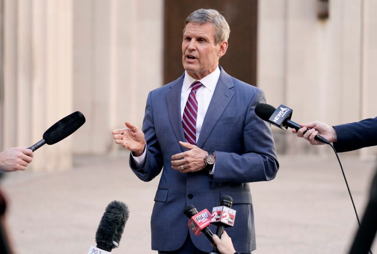 FILE - In this Jan. 19, 2021 file photo, Tennessee Gov. Bill Lee answers questions after he spoke to a joint session of the legislature at the start of a special session on education, in Nashville, Tenn. 