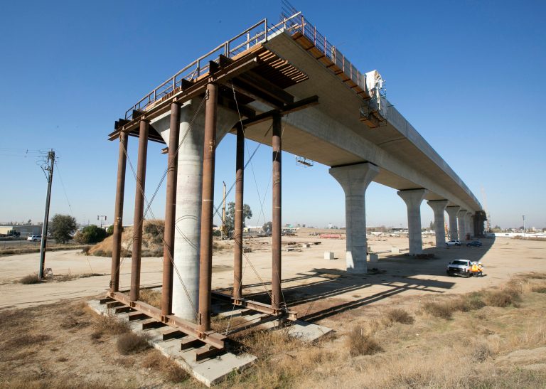 This Dec. 6, 2017, photo shows one of the elevated sections of the high-speed rail under construction in Fresno, Califorinia.  