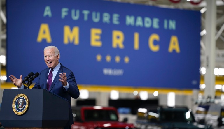 President Joe Biden speaks after a tour of the Ford Rouge EV Center, Tuesday, May 18, 2021, in Dearborn, Mich.                                                                                                                                           