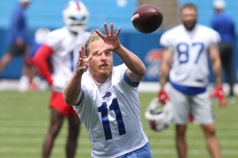 Former Buffalo Bills wide receiver Cole Beasley (11) makes a catch during NFL football practice in Orchard Park, N.Y., Wednesday, June 2, 2021.