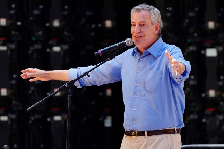 New York City Mayor Bill de Blasio speaks at the New 42 outdoor celebration of arts education honoring the New York City Department of Education, Office of Arts and Special Projects in Times Square on Saturday, June 5, 2021, in New York.
