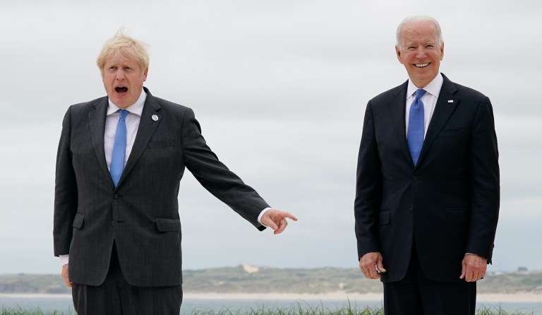 Boris Johnson laments G-7 ‘media circus’ as grinning Biden looks on