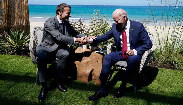 Macron gets tres handsy with Biden and takes a shot at Trump during G-7