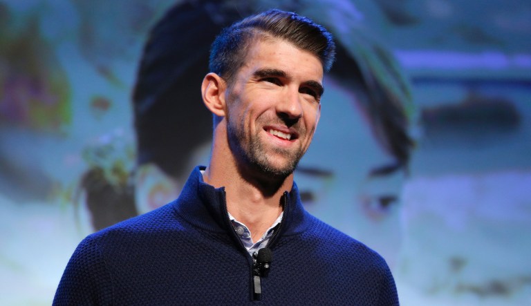 In this Jan. 6, 2020, file photo, Michael Phelps speaks during a Panasonic news conference before the CES tech show in Las Vegas. 