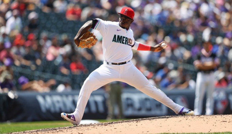Hector Yan (15) of the American League pitches during the fourth inning of the MLB All Star Futures game, Sunday, July 11, 2021, in Denver.