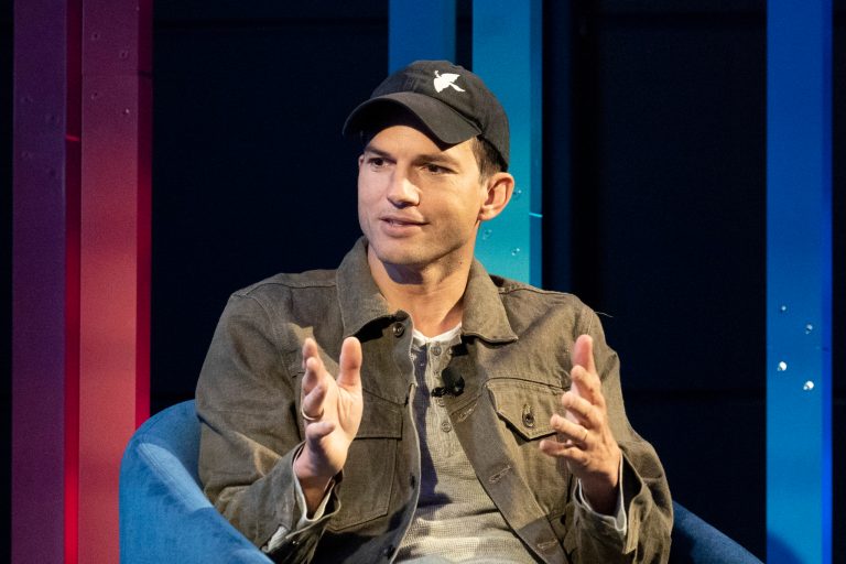 Actor and venture capitalist Ashton Kutcher speaks at a media event.
