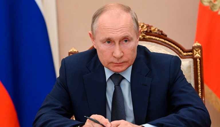 Russian President Vladimir Putin chairs a meeting with members of the Presidential Council for Strategic Development and National Projects via teleconference at the Kremlin in Moscow, Russia, Monday, July 19, 2021.