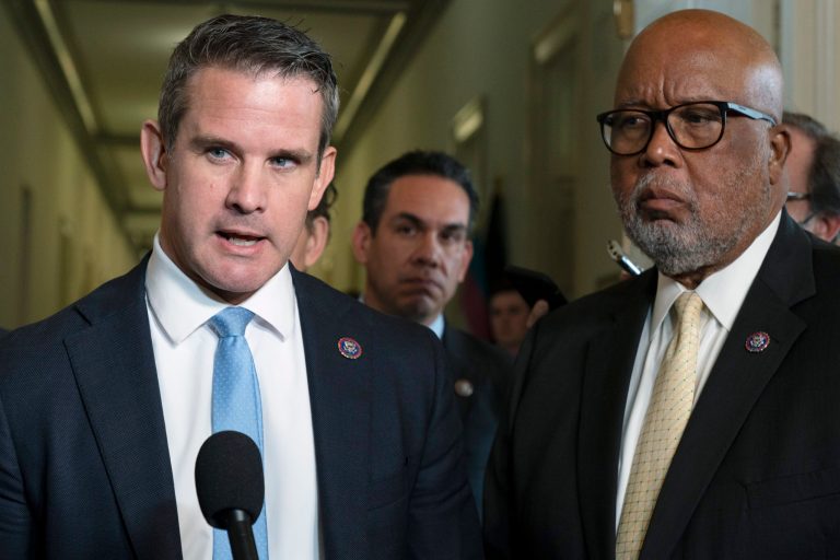 Rep. Adam Kinzinger, R-Illi., left, answers a question from the media next to Chairman Rep. Bennie Thompson, D-Miss., with Rep. Pete Aguilar, D-Calif., at center, after the first hearing of the House Select committee to investigate the January 6 attack on the U.S. Capitol, Tuesday, July 27, 2021, on Capitol Hill in Washington.