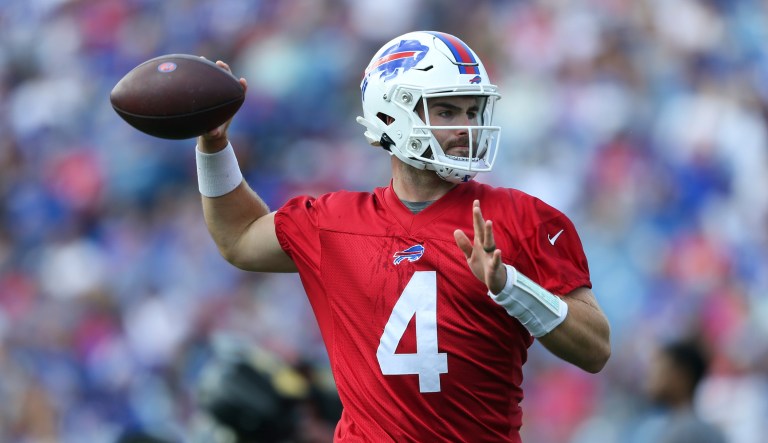 Buffalo Bills quarterback Jake Fromm (4) passes during practice at NFL football training camp in Orchard Park, N.Y., on Saturday, July 31, 2021.