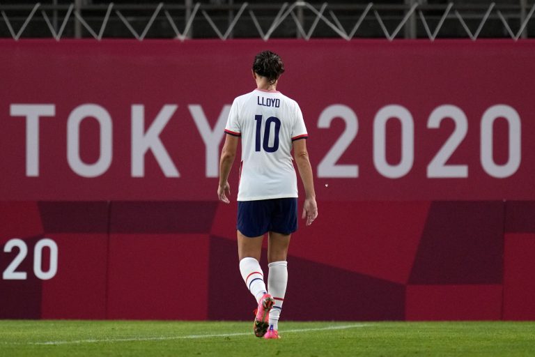 United States's Carli Lloyd leaves the field after being defeated 1-0 by Canada during a women's semifinal soccer match at the 2020 Summer Olympics, Monday, Aug. 2, 2021, in Kashima, Japan.