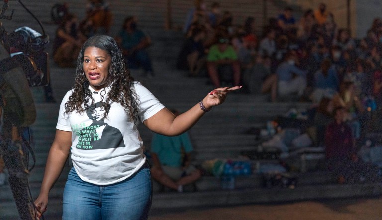 Rep. Cori Bush, D-Mo., speaks during an interview as she camps along with supporters outside the U.S. Capitol, with supporters in Washington, Monday, Aug. 2, 2021, as anger and frustration has mounted in Congress after a nationwide eviction moratorium expired at midnight Saturday.