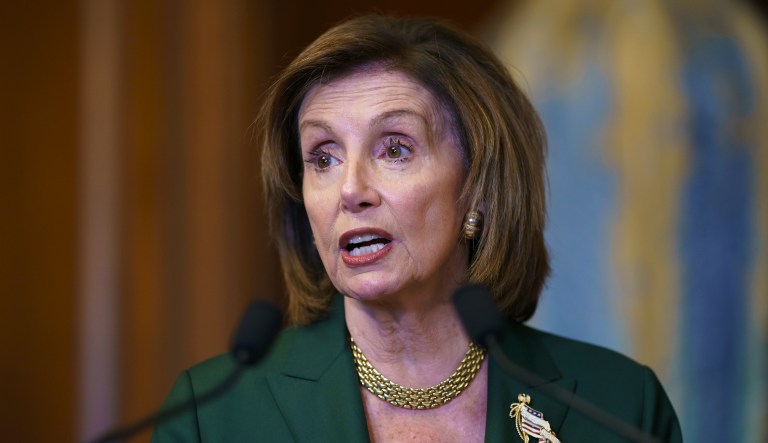 Speaker of the House Nancy Pelosi, D-Calif., talks before signing a bill that will award Congressional Gold Medals to the U.S. Capitol Police and those who protected the Capitol during the Jan. 6 attack, during a ceremony at the Capitol in Washington, Wednesday, Aug. 4, 2021.                                                               