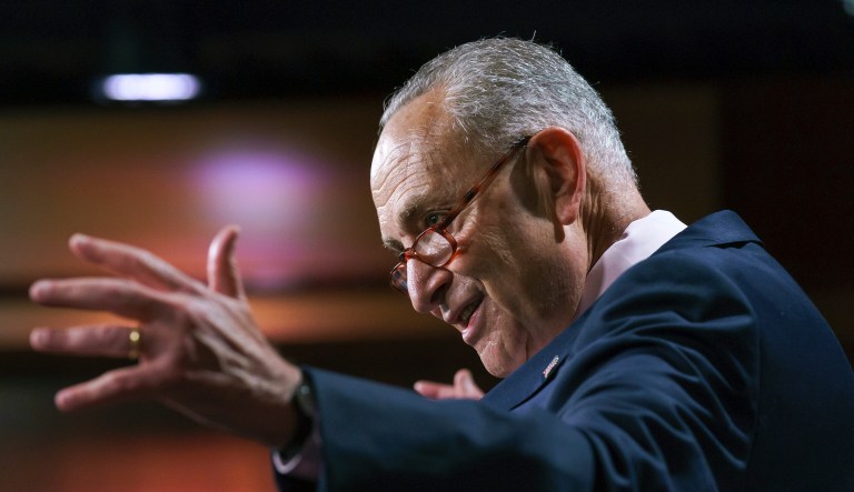Senate Majority Leader Chuck Schumer, D-N.Y., meets with reporters after a marathon âvote-a-ramaâ to advance President Joe Bidenâs federal priorities, at the Capitol in Washington, Wednesday, Aug. 11, 2021. The Democratic leader discussed the $3.5 trillion framework for bolstering family services, health, and environment programs, the $1 trillion infrastructure bill, and the importance of voting rights.