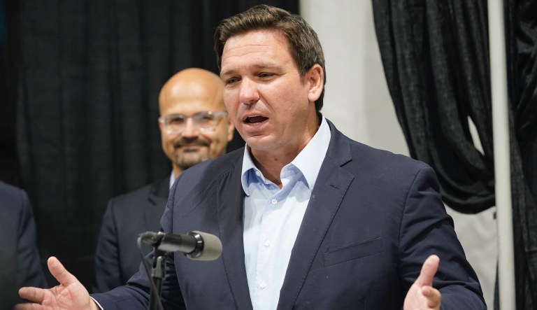 Florida Governor Ron DeSantis speaks at the opening of a monoclonal antibody site Wednesday, Aug. 18, 2021, in Pembroke Pines, Fla. The site at C. B. Smith Park will offer monoclonal antibody treatment sold by Regeneron to people who have tested positive for COVID-19.