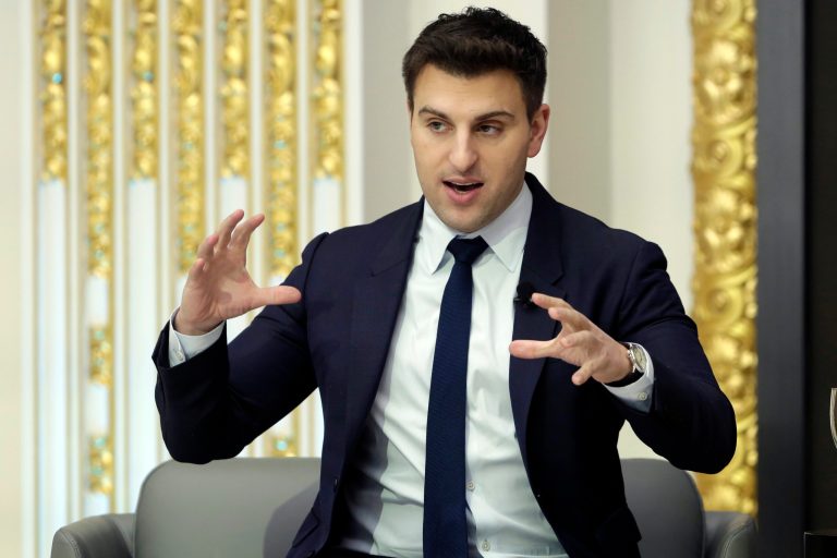 FILE - In this Monday, March 13, 2017, file photo, Airbnb co-founder and CEO Brian Chesky is interviewed during a luncheon meeting of the Economic Club of New York. (AP Photo/Richard Drew, FIle)