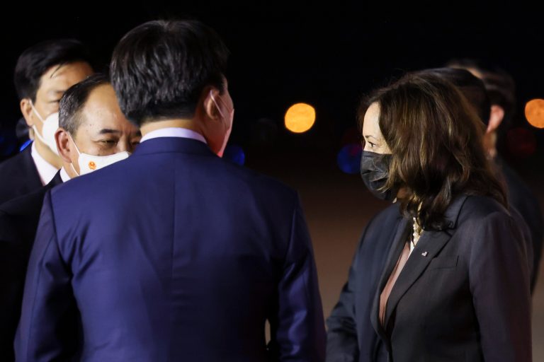 U.S. Vice President Kamala Harris is welcomed by Chairman of the Office of State President Le Khanh Hai, as she arrives for the second leg of her Asia trip, in Hanoi, Vietnam, Tuesday, Aug. 24, 2021. Harris is on a weeklong trip through Southeast Asia. (Evelyn Hockstein/Pool Photo via AP)