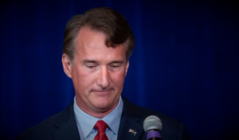 Glenn Youngkin pauses while addressing the Virginia FREE Leadership Luncheon in McLean, Virginia, Wednesday, Sept. 1, 2021. 