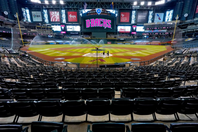 Chase Field sits empty after the Colorado Rockies decided not to play their baseball game against the Arizona Diamondbacks on Aug. 27, 2020, in Phoenix. 