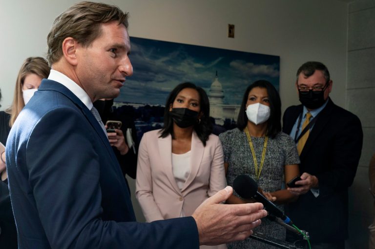 Rep. Dean Phillips (D-MN) talks to members of the media after attending a meeting of House Democrats on Friday, Oct. 1, 2021, on Capitol Hill in Washington.
