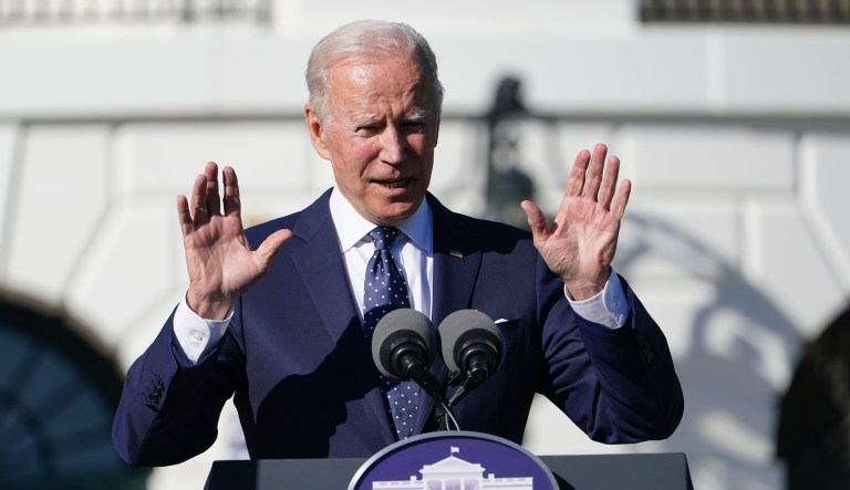 President Joe Biden speaks to the 2020 and 2021 State and National Teacher of the Year recipients during an event on the South Lawn of the White House in Washington, Monday, Oct. 18, 2021.