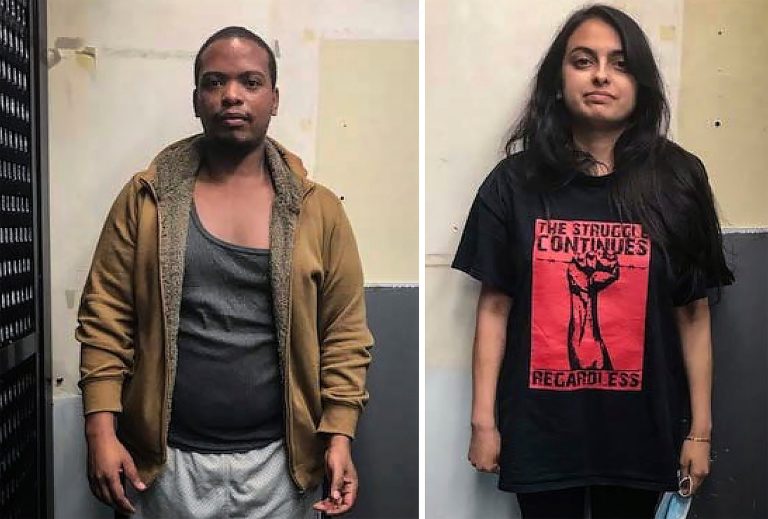 This May 30, 2020, combination of booking photos provided by the United States Attorney's Office of the Eastern District of New York shows Colinford Mattis, left, and Urooj Rahman, both Brooklyn attorneys. Both have pleaded guilty to charges they torched an empty New York City police vehicle last year amid the unrest over the police killing of George Floyd, Wednesday, Oct. 20, 2021.