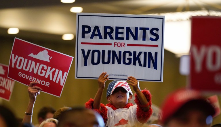 Supporters of Republican gubernatorial candidate Glenn Youngkin gather for an election night party in Chantilly, Va.,Tuesday, Nov. 2, 2021.