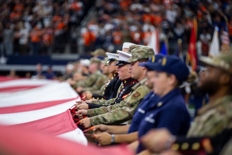 A large American flag is pictured.