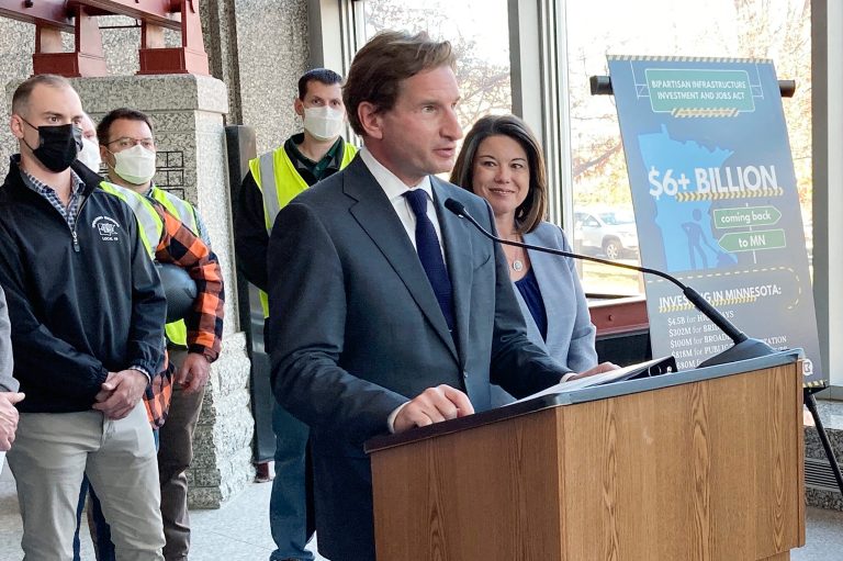 Rep. Dean Phillips (D-MN) speaks about the new infrastructure bill during a news conference Tuesday, Nov. 9, 2021, at the Minnesota Department of Transportation in St. Paul, Minnesota.