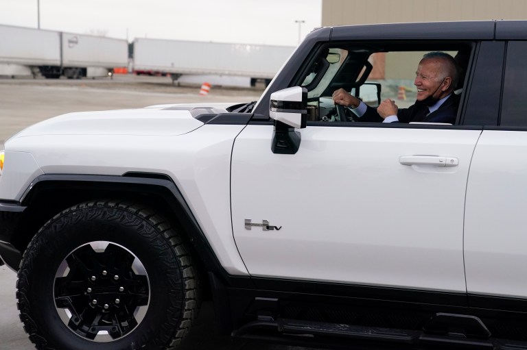 ‘Anyone wanna jump in the back?’: Biden lets off steam in new electric Hummer