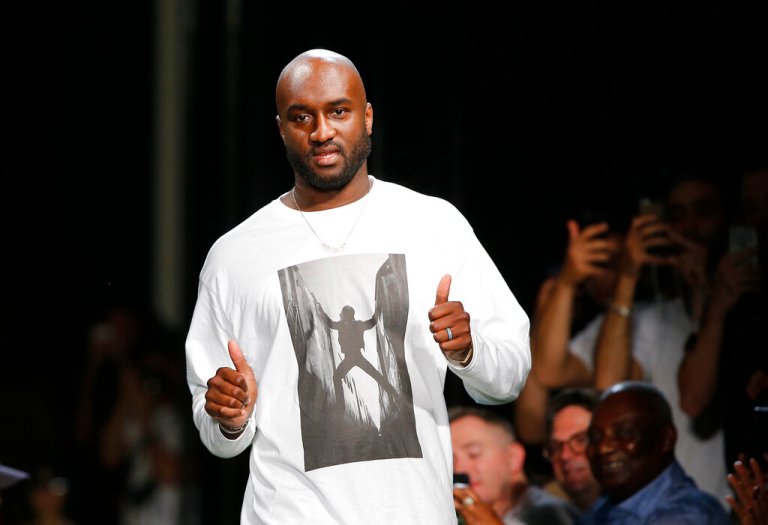 Fashion designer Virgil Abloh gives a thumbs up after the presentation of Off-White Men's Spring-Summer 2019 collection presented in Paris, Wednesday June 20, 2018.