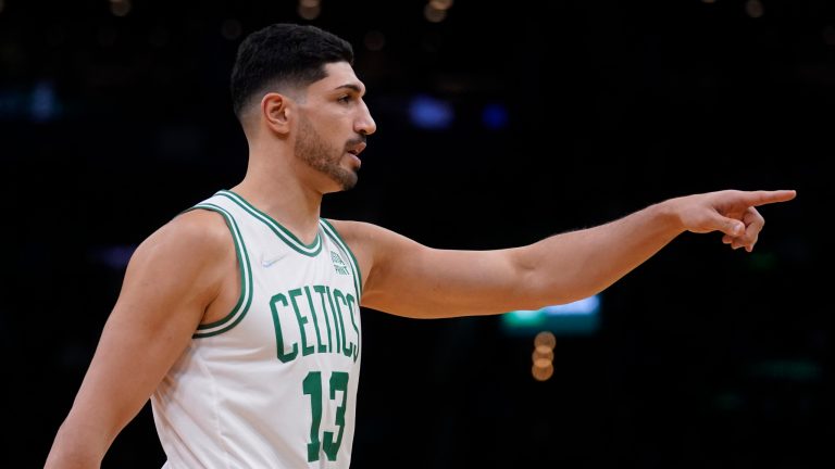 Former Boston Celtics center Enes Kanter Freedom during an NBA basketball game, Thursday, Dec. 2, 2021, in Boston. 